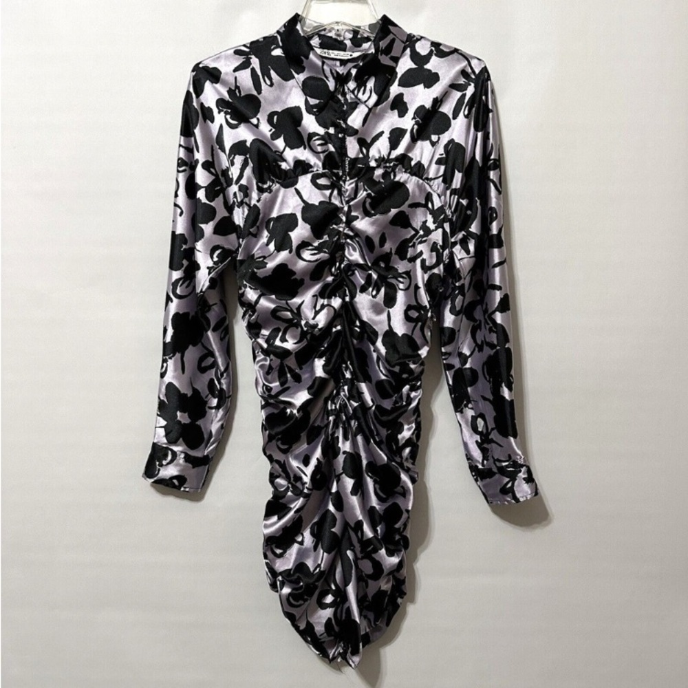 Zara Satin Effect Ruched Dress L Zip Front Lavender Black Long Sleeve Sexy Club